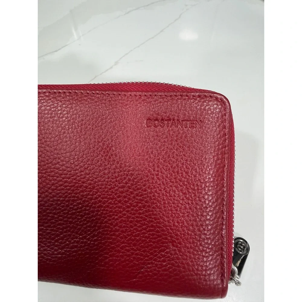 Bostanten Red Pebbled Leather Zip Around Wristlet Wallet Organizer Clutch